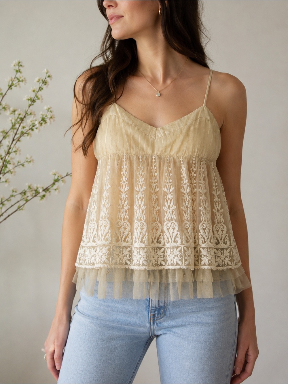 Tocca Embroidered Mesh‎ Cami Tank Champagne Floral Lace Size 10 Romantic